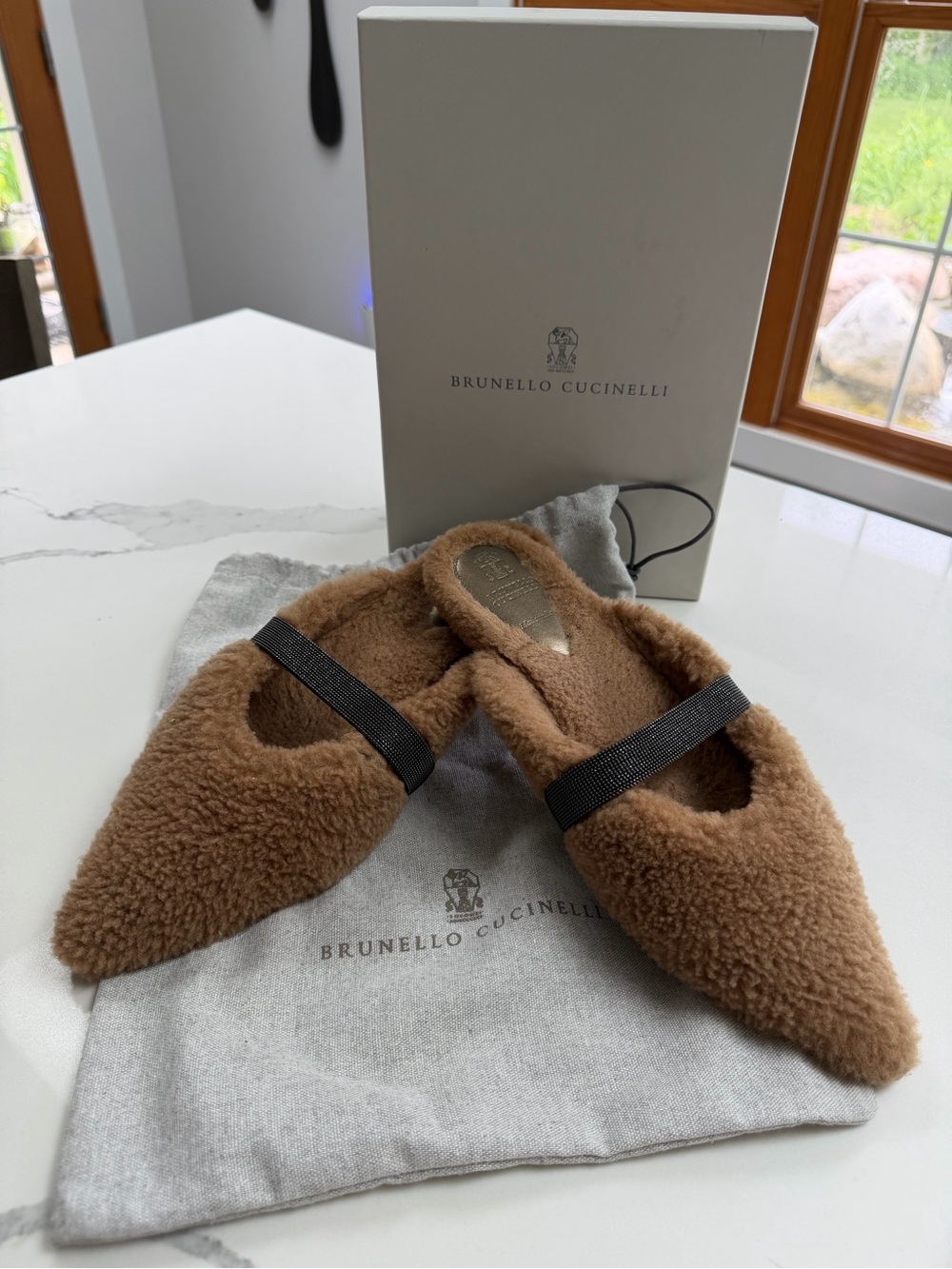 Brunello Cucinelli Chestnut Shearling Pointed Slip-On Flats with Black Strap